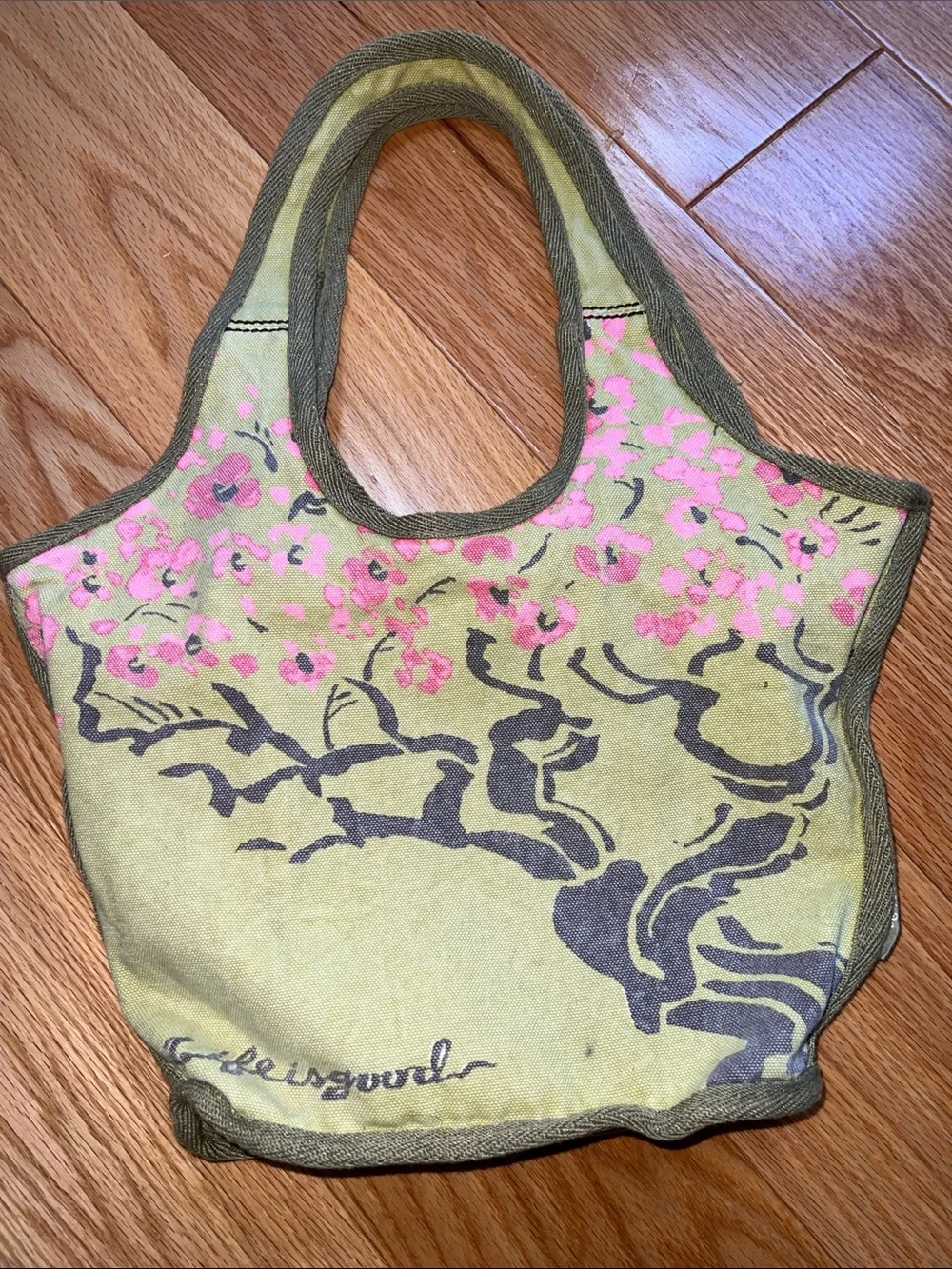 Life Is Good cherry blossoms Olive Green Canvas Tote with Pink Floral Print